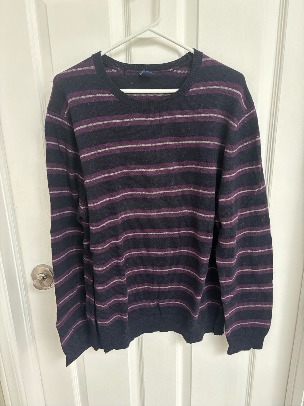 GAP Men's Navy and Purple Striped Crewneck Sweater